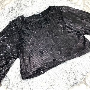Windsor Black Glitter Sequin 3/4 Bell Sleeve Cropped Top EUC